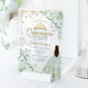 Invitaciones Acrílicas Rosas de acuarela verde salvia Quinceanera dorada