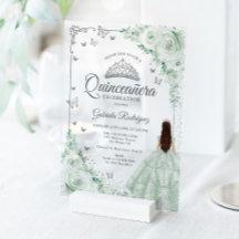 Rosas de acuarela verde salvia Quinceañera platead