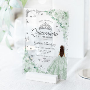 Invitaciones Acrílicas Rosas de acuarela verde salvia Quinceañera platead