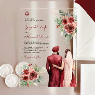 Invitaciones Acrílicas Rosas de Borgoña Floral Boda Sikh Punjabi India