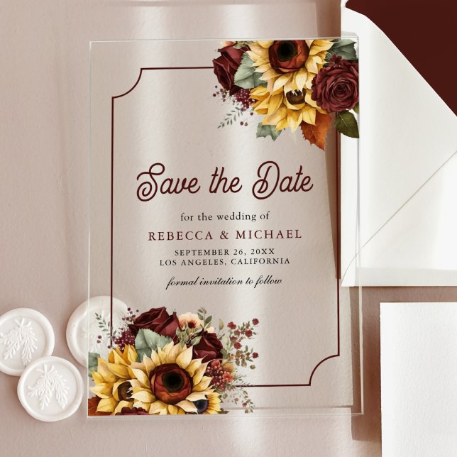 Invitaciones Acrílicas Rosas de Borgoña Girasoles Boda Fecha para Guardar (Subido por el creador)
