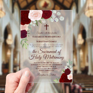 Invitaciones Acrílicas Rosas de Borgoña y Rubor Boda católico elegante