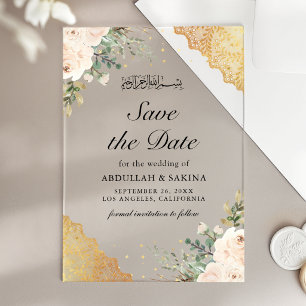 Invitaciones Acrílicas Rosas de Crema Encaje Dorado Muslim Save the Date