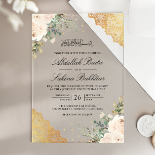 Invitaciones Acrílicas Rosas de Crema Suave Encaje Dorado Boda Musulmana