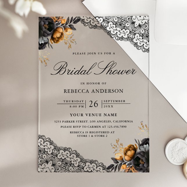 Invitaciones Acrílicas Rosas de encaje gótico de boda Black Gold (Subido por el creador)