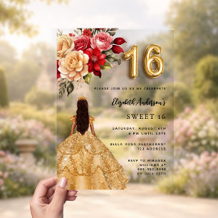Invitaciones Acrílicas Rosas de florines rojos vestidos de oro limpian