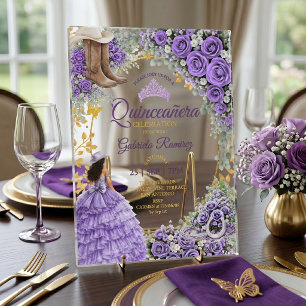 Invitaciones Acrílicas Rosas de lavanda occidentales Quinceañera dorada d