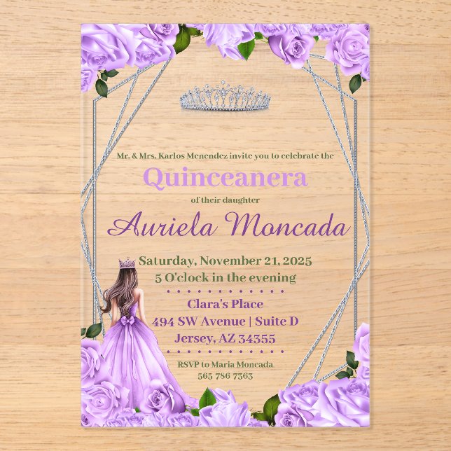 Invitaciones Acrílicas Rosas de Lavender Quinceanera (Anverso)