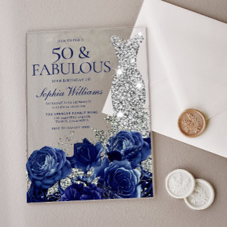 Invitaciones Acrílicas Rosas de Navy & Vestido de Diamantes Cumpleaños 50