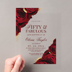 Invitaciones Acrílicas Rosas de Oro Rojo Cumpleaños 50