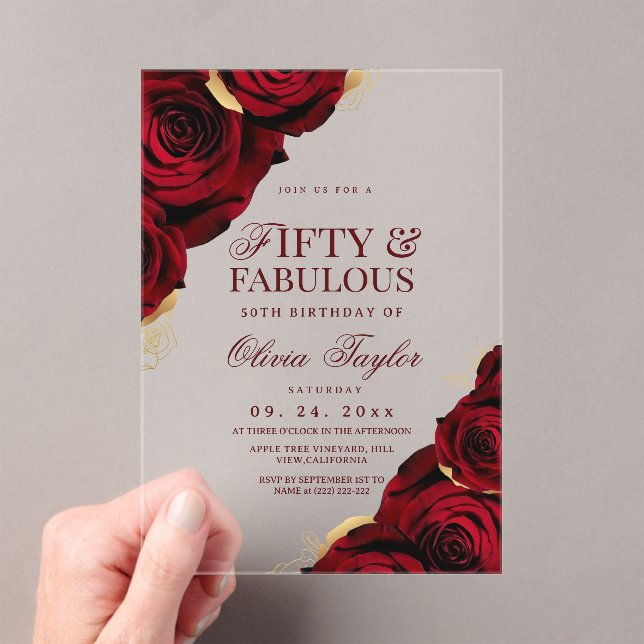 Invitaciones Acrílicas Rosas de Oro Rojo Cumpleaños 50 (Insitu (portátil))