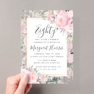 Invitaciones Acrílicas Rosas de Rubor Floral Gold Frame 80th Ochenta Cump