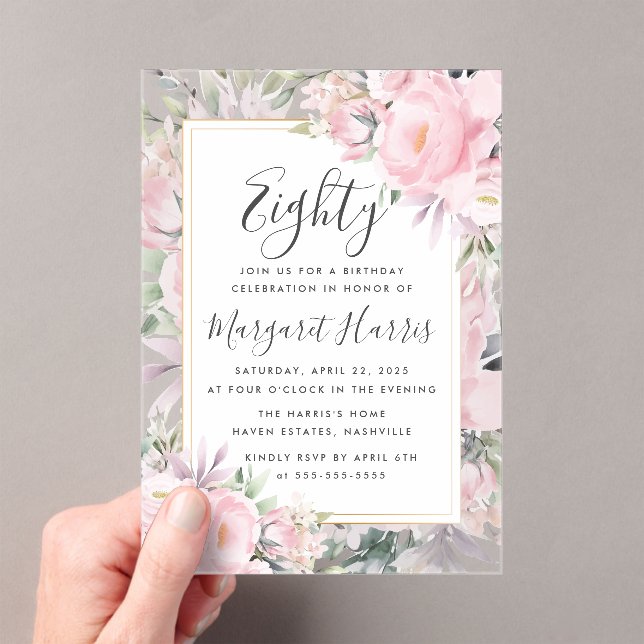 Invitaciones Acrílicas Rosas de Rubor Floral Gold Frame 80th Ochenta Cump (Insitu (portátil))