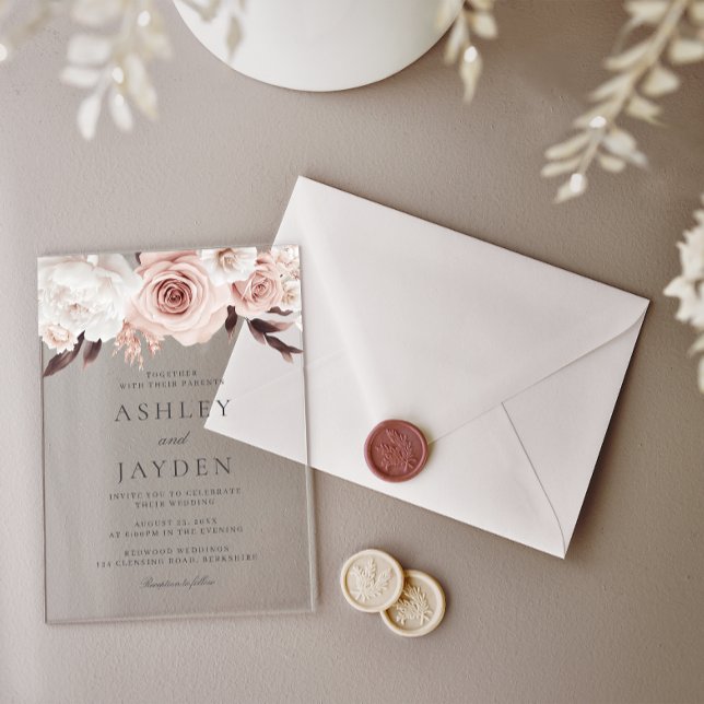 Invitaciones Acrílicas Rosas de Rubor y Boda de Flores Blancas (Subido por el creador)