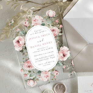 Invitaciones Acrílicas Rosas de Rubor y Boda de marcos florales de sabios