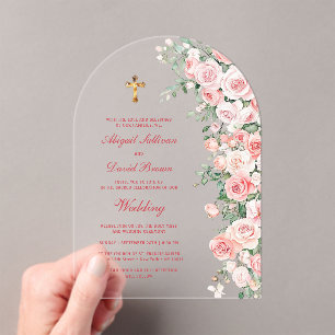 Invitaciones Acrílicas Rosas de Tono Melocotón Arquitectura Religiosa Bod