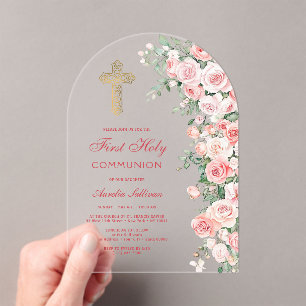 Invitaciones Acrílicas Rosas de tono rosa suave Arco Primera Comunión
