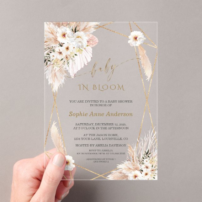 Invitaciones Acrílicas Rosas del desierto Pampas Palm deja Baby Shower (Insitu (portátil))