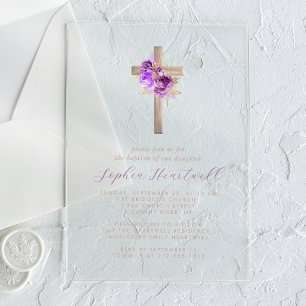 Invitaciones Acrílicas Rosas doradas púrpura florales Cruz Bautizo de niñ