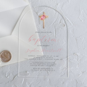 Invitaciones Acrílicas Rosas Doradas Rosadas Florales Cruz Escritura Guio