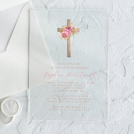 Invitaciones Acrílicas Rosas Doradas Rosadas Florales Cruz Niña Bautizo