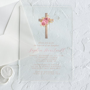 Invitaciones Acrílicas Rosas Doradas Rosadas Florales Cruz Niña Bautizo