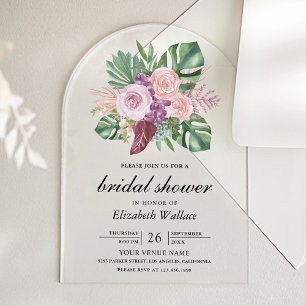 Invitaciones Acrílicas Rosas Dusty Pink Tropical Monstera Despedida de So
