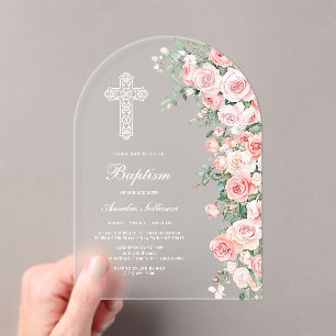 Invitaciones Acrílicas Rosas Elegantes de Rubor Rosa Arco de Bautizo