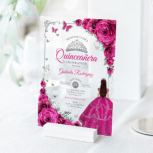 Invitaciones Acrílicas Rosas Elegantes Fuchsia Rosa Quinceañera Plata