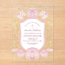 Invitaciones Acrílicas Rosas Escudo Bautismo