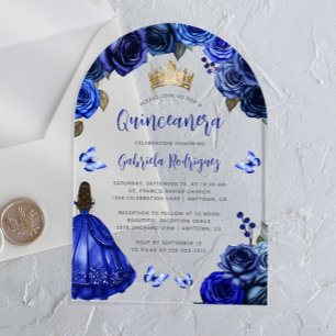 Invitaciones Acrílicas Rosas florales azules reales acuarela Quinceañera