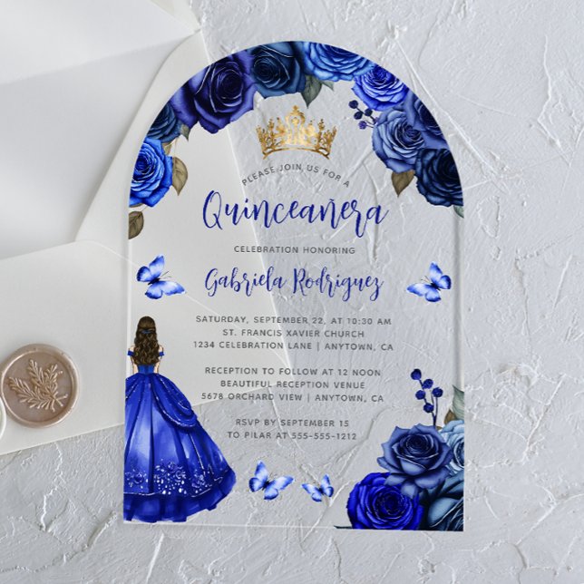 Invitaciones Acrílicas Rosas florales azules reales acuarela Quinceañera (Subido por el creador)