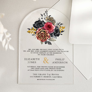 Invitaciones Acrílicas Rosas Florales Borgoña Negras Boda