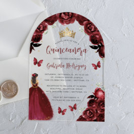 Invitaciones Acrílicas Rosas florales de Borgoña acuarela Quinceañera