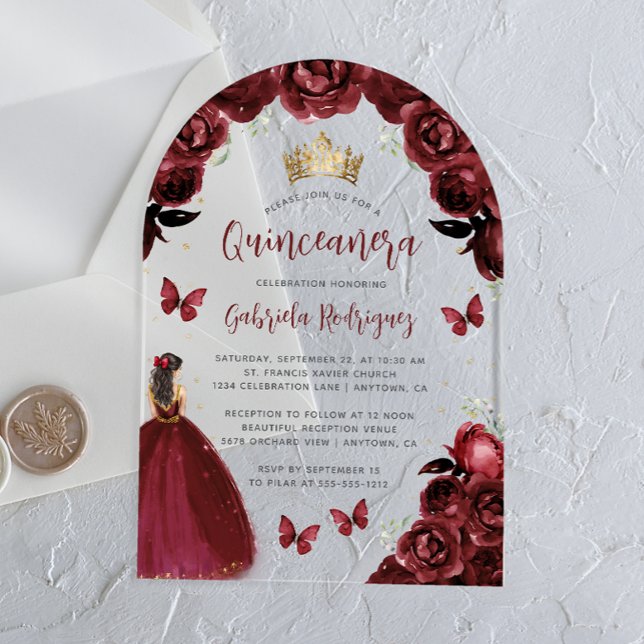 Invitaciones Acrílicas Rosas florales de Borgoña acuarela Quinceañera (Subido por el creador)