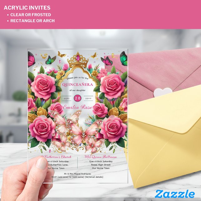 Invitaciones Acrílicas Rosas florales de Quinceanera Tiara (Subido por el creador)