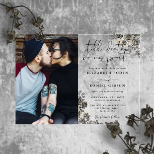 Invitaciones Acrílicas Rosas florales góticas negras y doradas foto de bo