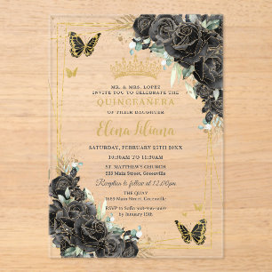 Invitaciones Acrílicas Rosas Florales Negras Mariposas Doradas Quinceañer