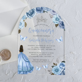 Invitaciones Acrílicas Rosas Florales Pastel Azul Acuarela Quinceañera