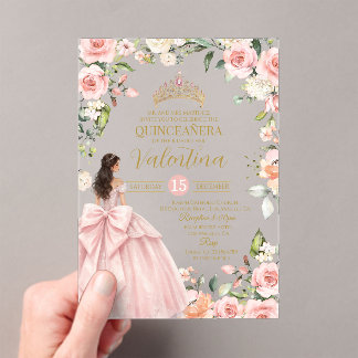 Invitaciones Acrílicas Rosas Florales Rosado Quinceañera Cumpleaños 15