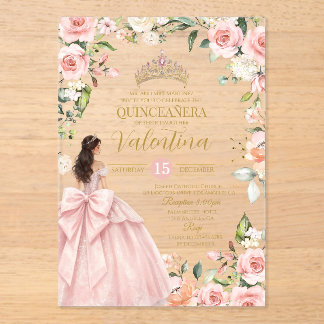 Invitaciones Acrílicas Rosas Florales Rosado Quinceañera Cumpleaños 15