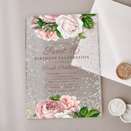 Invitaciones Acrílicas Rosas florales rosados Purpurina Plata Dulce 16