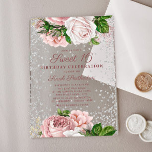 Invitaciones Acrílicas Rosas florales rosados Purpurina Plata Dulce 16
