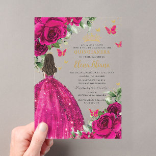 Invitaciones Acrílicas Rosas fucsia rosa caliente floral Quinceañera Swee