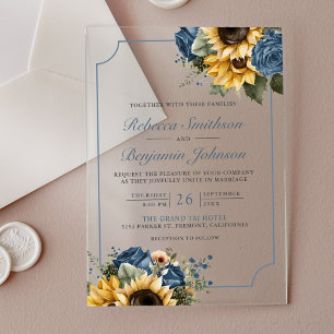 Invitaciones Acrílicas Rosas girasoles azul polvoriento boda