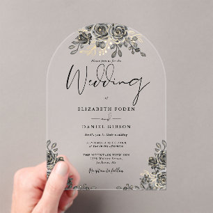 Invitaciones Acrílicas Rosas góticas Arco floral negro y dorado Boda