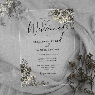 Invitaciones Acrílicas Rosas góticas Floral Negro y Boda de Oro