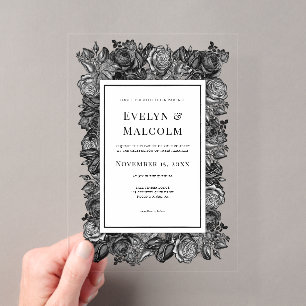 Invitaciones Acrílicas Rosas góticas negras y blancas para boda
