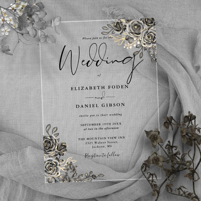 Invitaciones Acrílicas Rosas Góticos Floral Negro Y Boda De Oro (Gothic Roses Floral Black And Gold Wedding Acrylic Invitations)