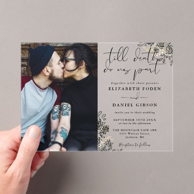 Invitaciones Acrílicas Rosas Góticos Negros Y Oro Boda De Fotos Florales (Insitu (portátil))